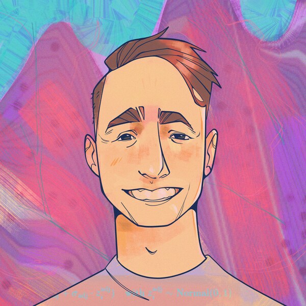 Portrait by Sâmara Lígia An illustrated portrait of my face, smiling, by Sâmara Lígia